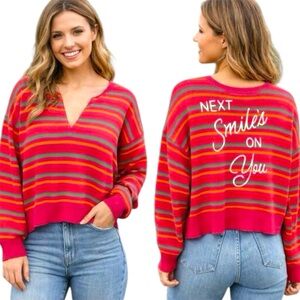 Kerri Rosenthal Striped Embroidered Next Smile’s On You Sweater S Pink Multi